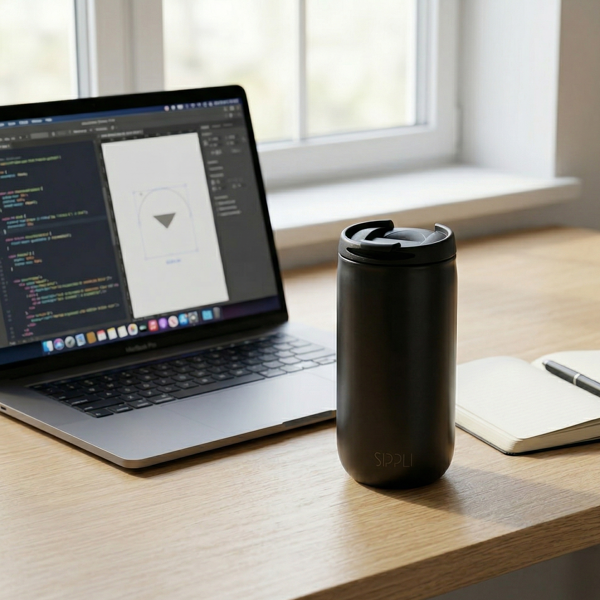 Sippli Desk Ceramic op een bureau met een laptop