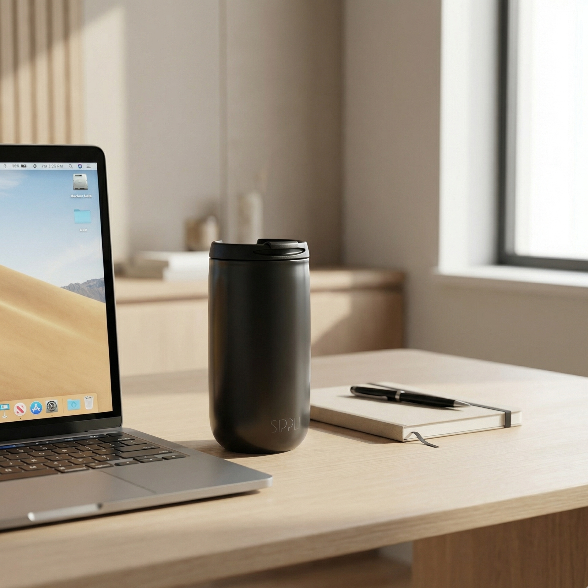 Sippli thermosbeker voor koffie op een bureau naast een laptop.