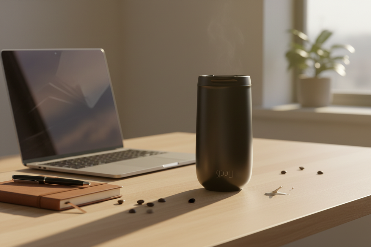 Sippli thermosbeker zwart op een bureau met een laptop en wat koffiebonen ernaast