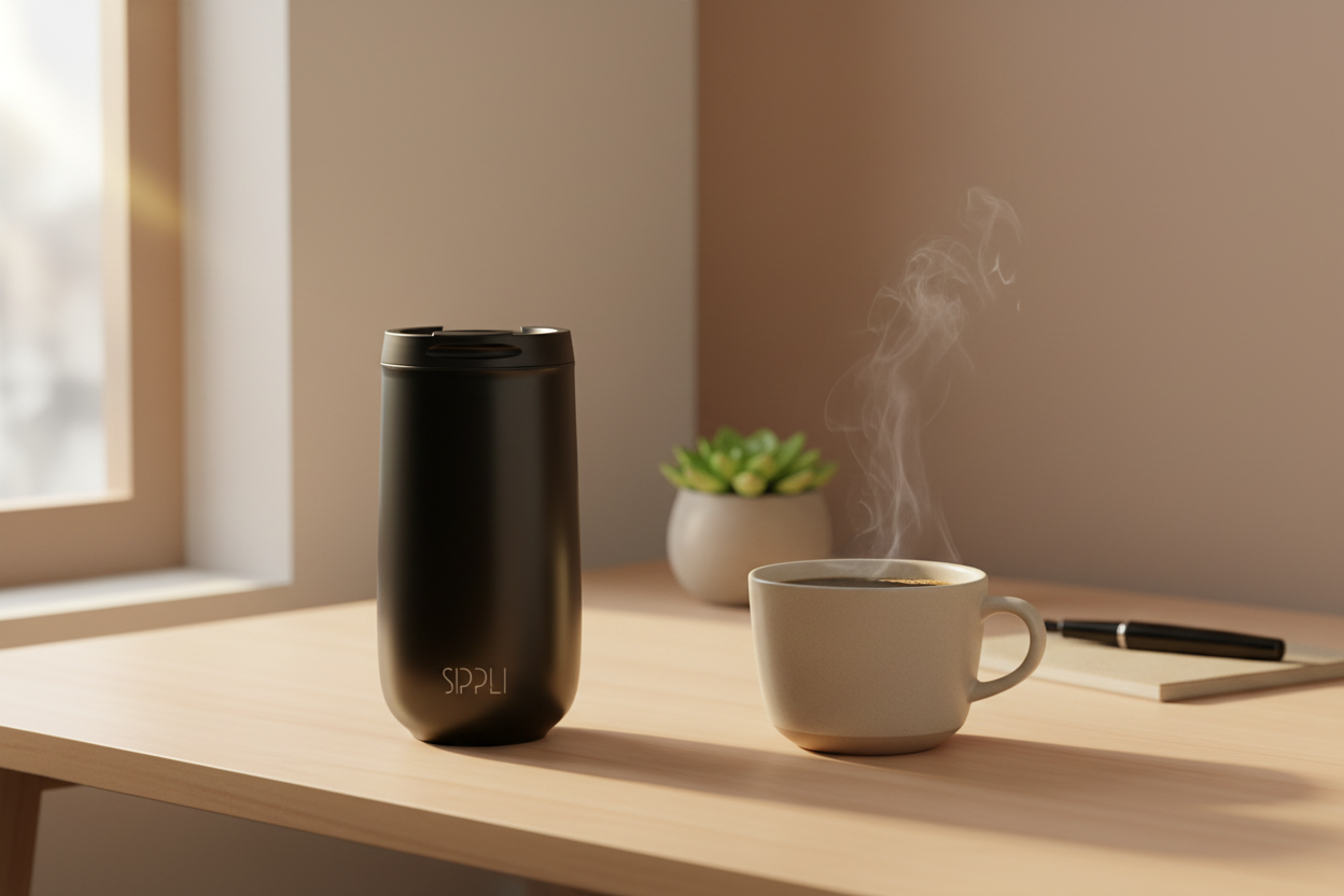 Sippli Desk Ceramic - Black met kopje koffie ernaast.