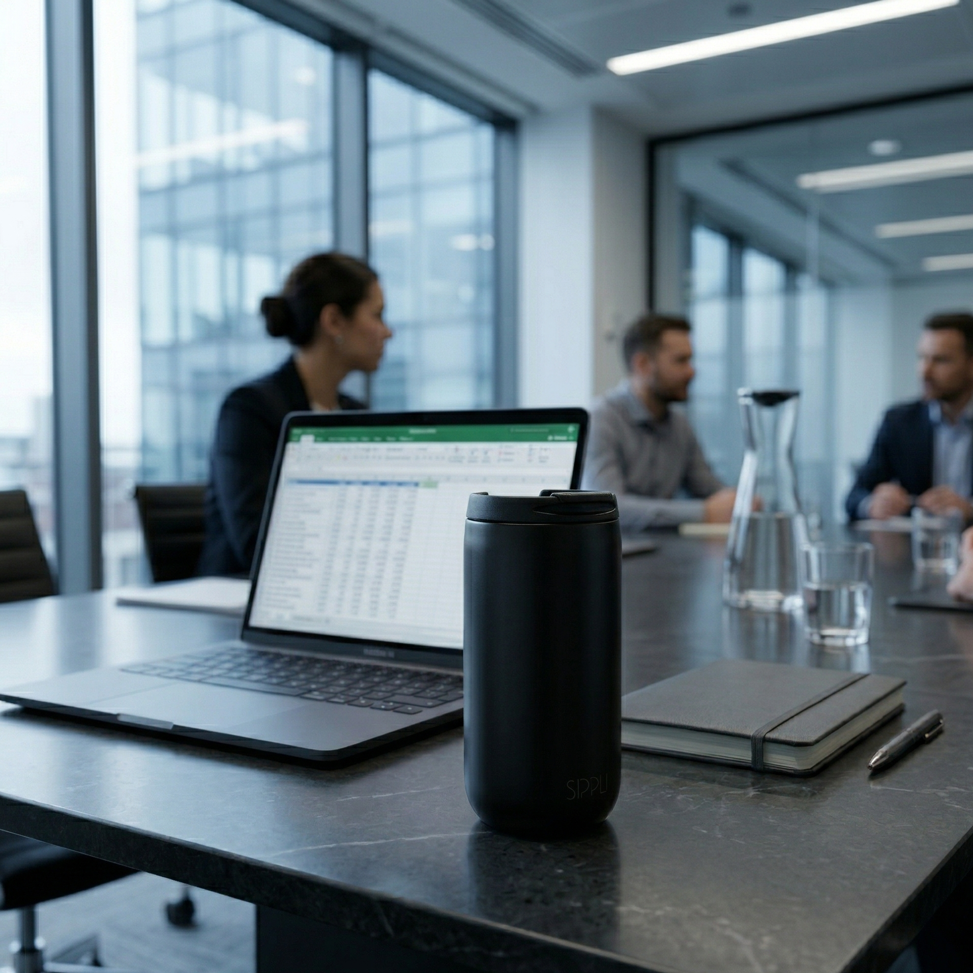 Sippli thermosbeker op een bureau in een vergaderzaal met mensen