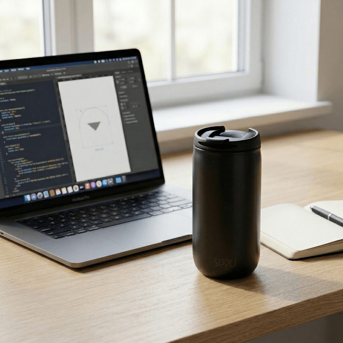 Sippli thermosbeker met koffie op bureau thuis of kantoor.