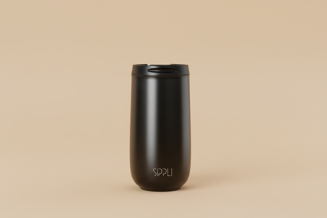 Sippli Desk Ceramic - Black vooraanzicht met een beige studio achtergrond.