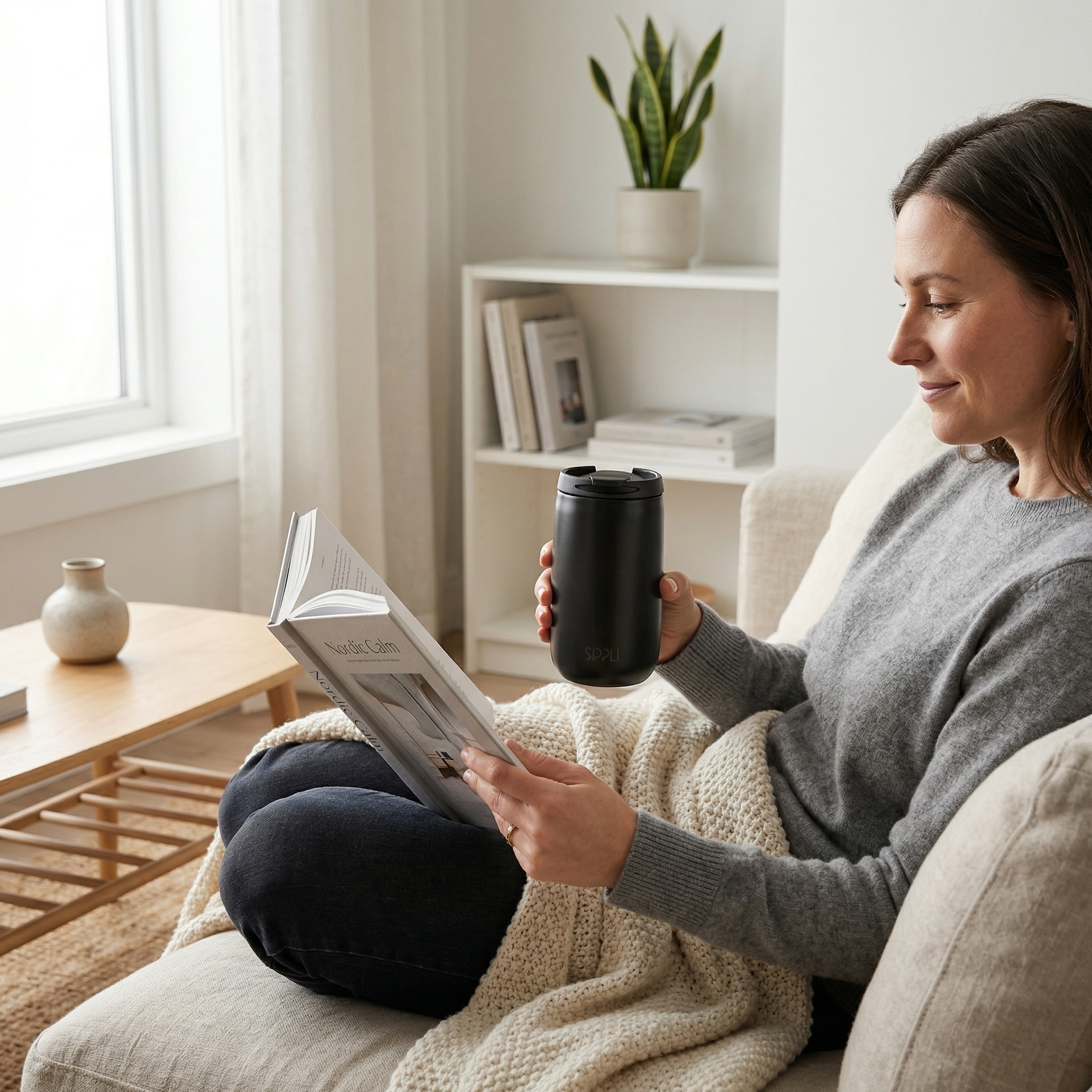 Vrouw op een bank die een boek leest en de Sippli Desk Ceramic Black vasthoudt