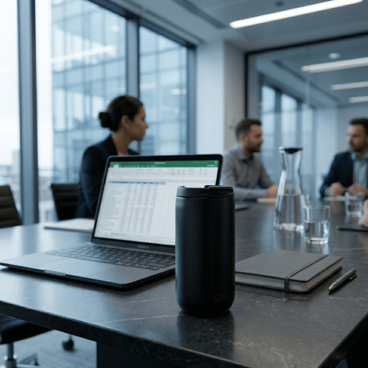 Sippli thermosbeker op een bureau in een vergaderzaal met mensen