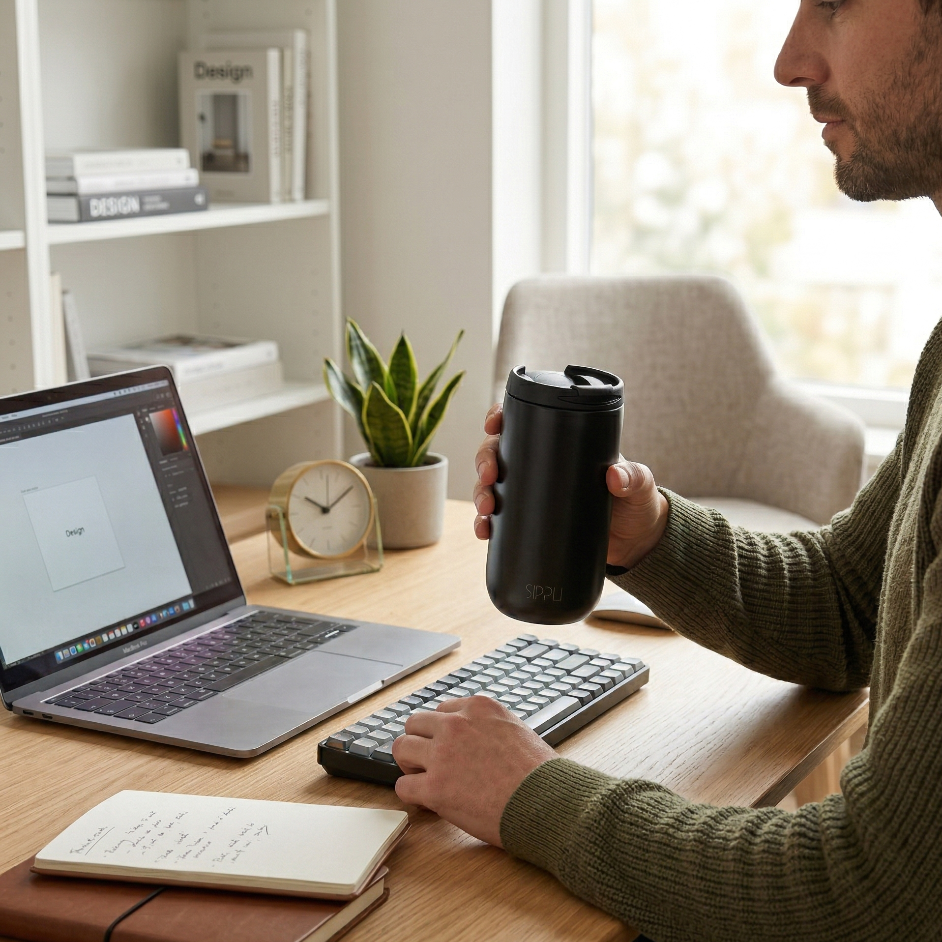 Een man die de Sippli koffie thermosbeker vasthoudt tijdens het werken achter een laptop